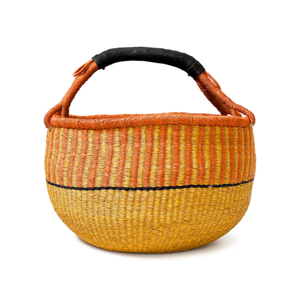 a bolga basket with a black handle