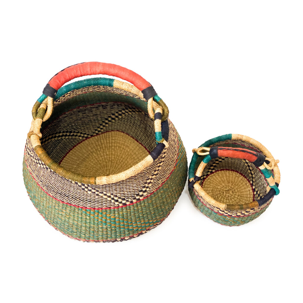 a small and large woven bolga pot basket