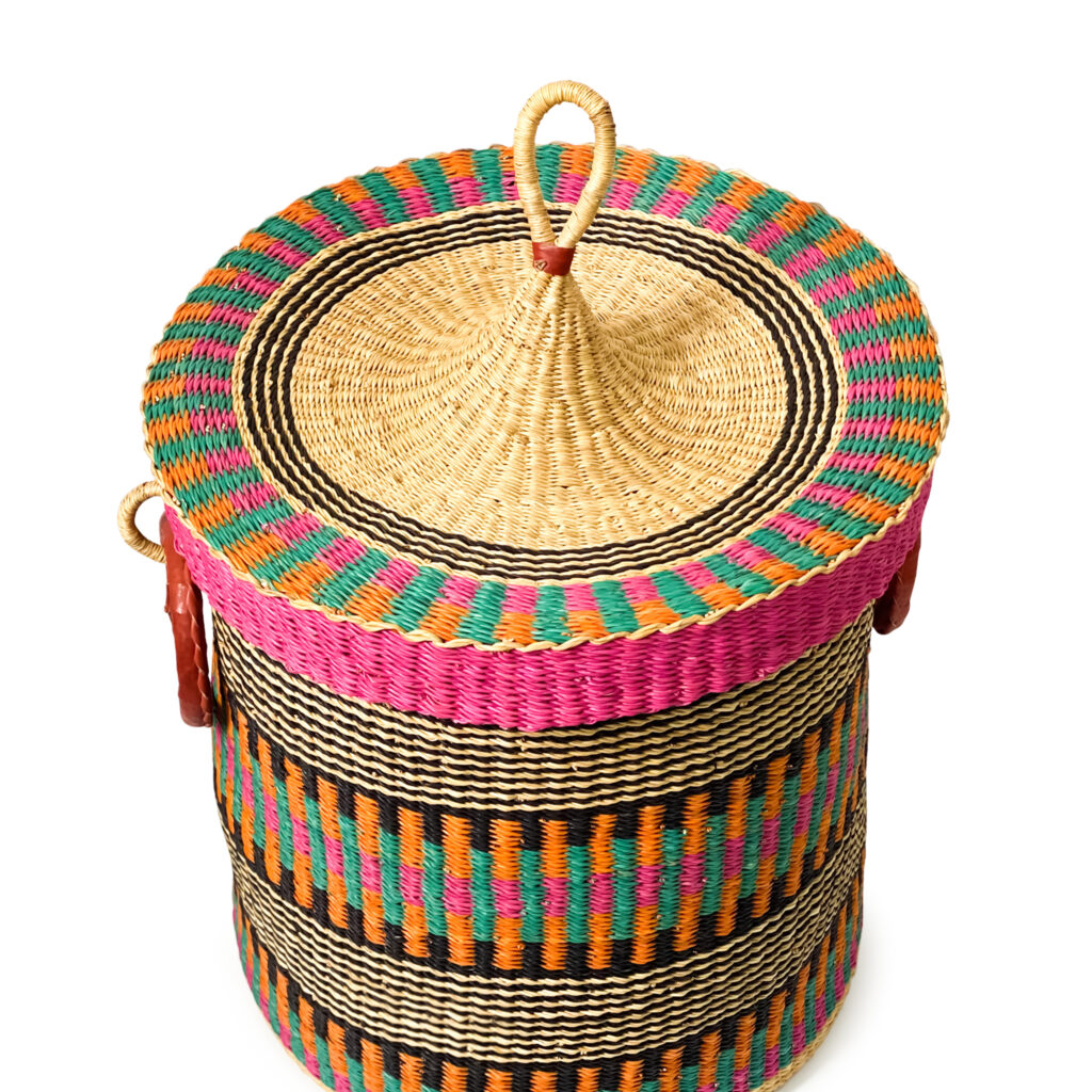 lidded woven laundry basket