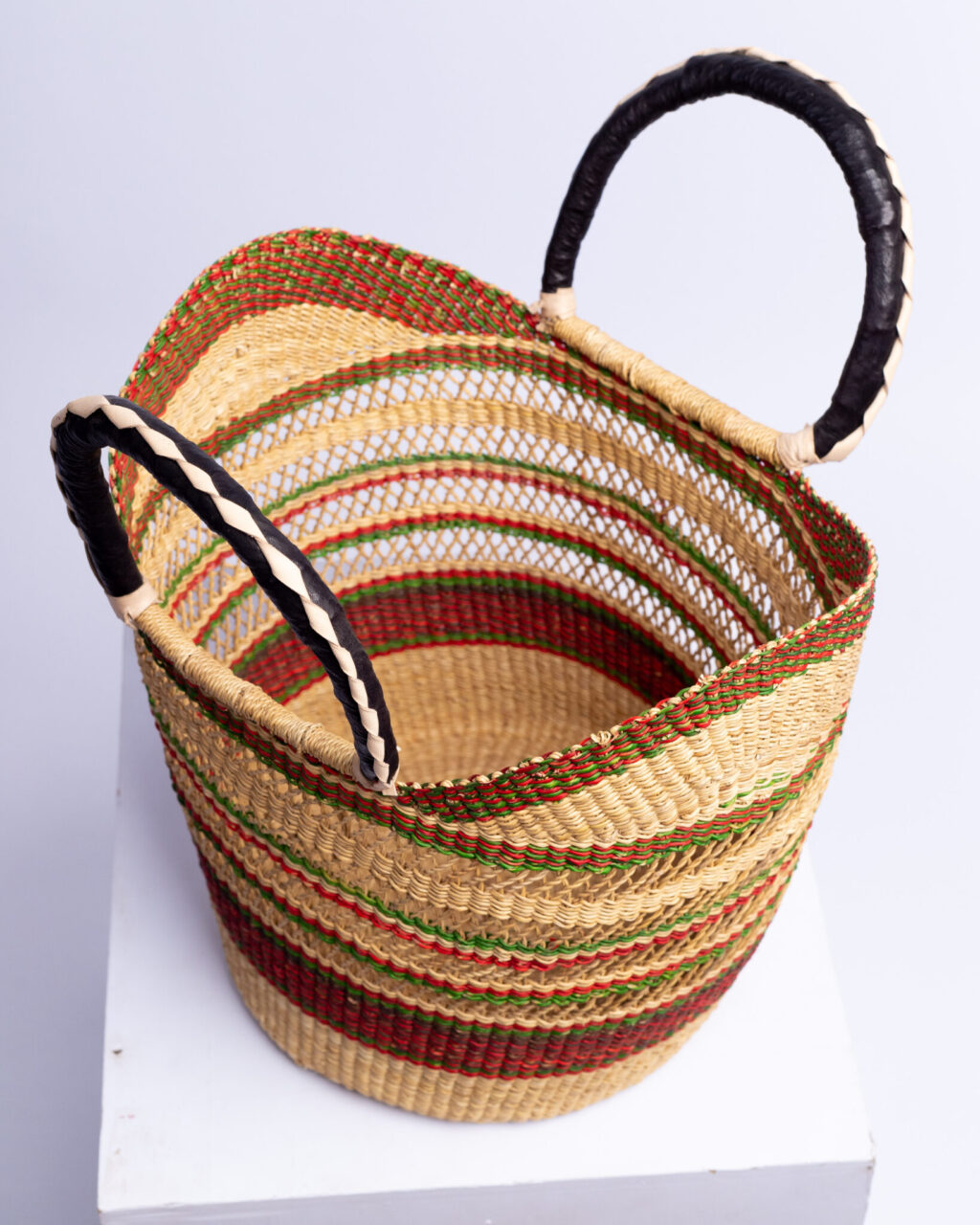 a colorful bolga shopper basket