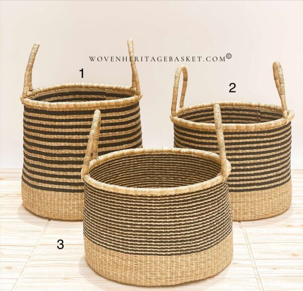 small, medium and large woven laundry basket with handles