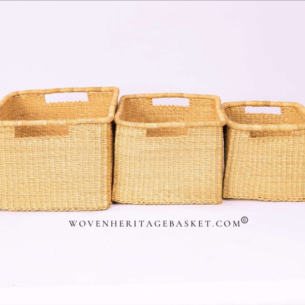 small, medium and large woven rectangular storage baskets for shelf