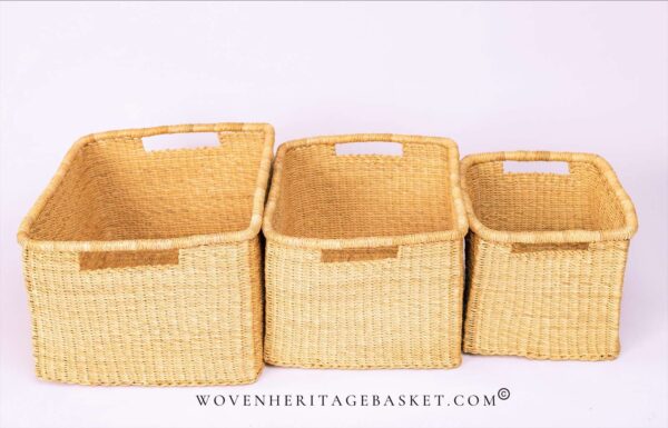 small, medium and large rectangular woven storage baskets for shelf