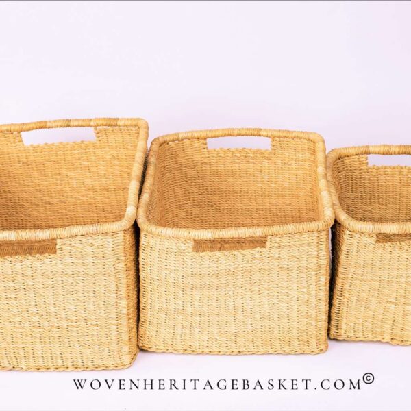 small, medium and large rectangular woven storage baskets for shelf