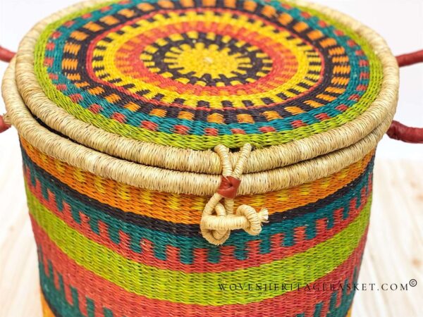 colourful woven laundry basket with lid and handles