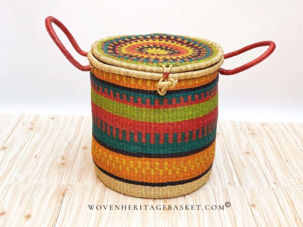 colourful woven laundry basket with lid and handles