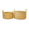 two woven plant baskets with handles on a white background