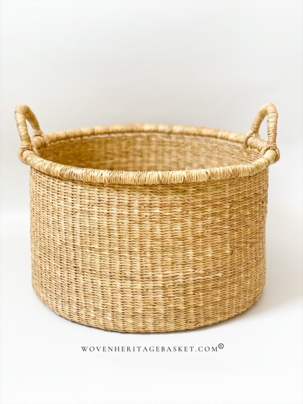 small woven laundry basket with handles