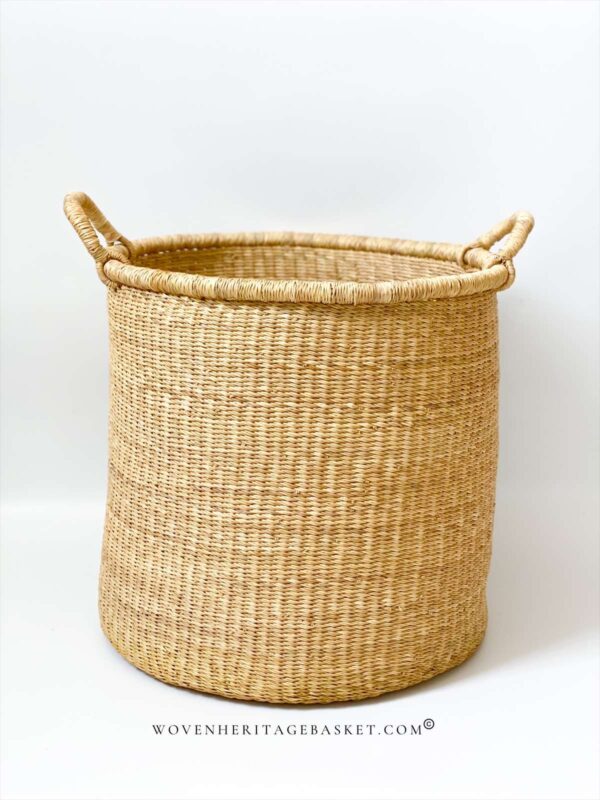 large woven laundry basket with handles