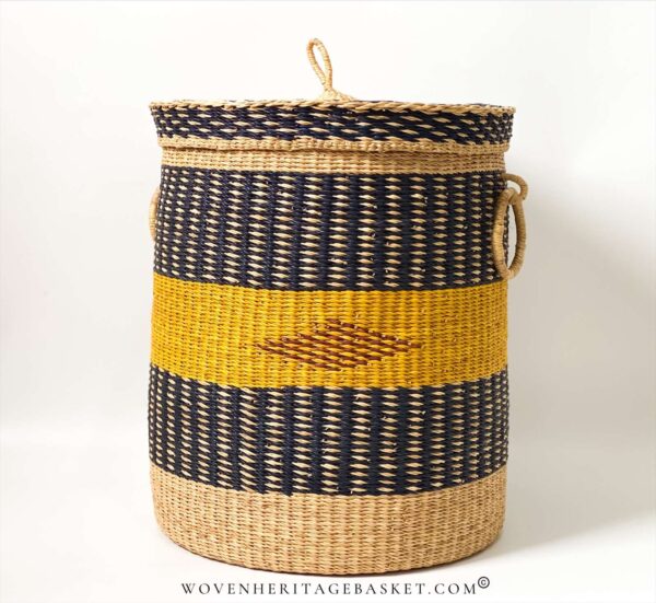 large woven laundry basket with lid