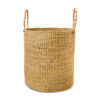 a woven laundry basket with handles on a white background