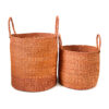 two woven laundry baskets with handles on a white background