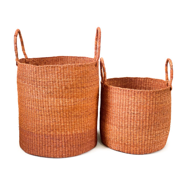 two woven laundry baskets with handles on a white background