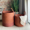 two woven laundry baskets next to a plant